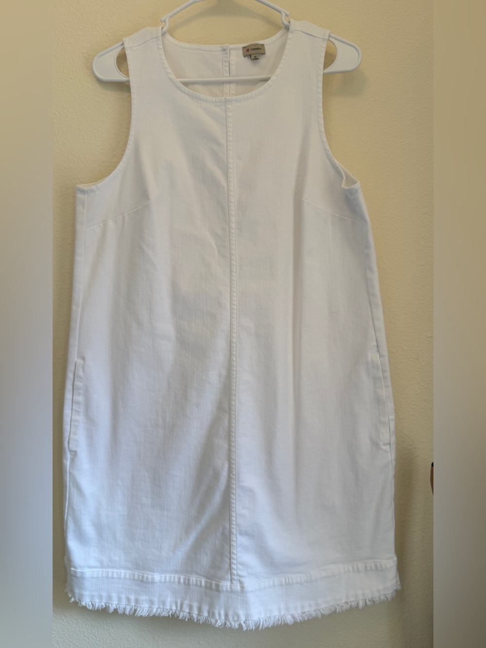 Cremieux White Denim Shift Dress Raw Hem Sleeveless Pockets Size 12